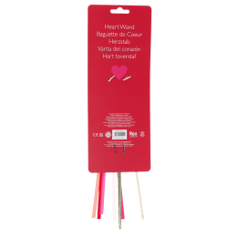 Back of heart wand packaging with multilingual safety warning.