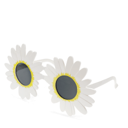 funglasses with a white daisy-shaped frame and dark lenses.