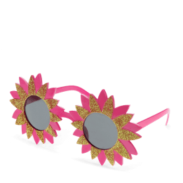 pink flower-shaped funglasses with gold glittery accents and dark round lenses.