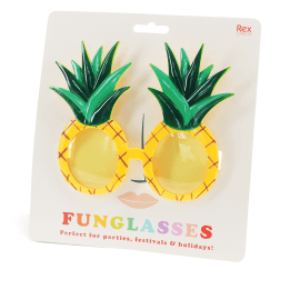Pineapple-shaped funglasses with yellow textured frames, round yellow lenses, and green leaf accents with packaging