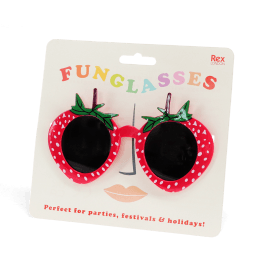 Red strawberry-shaped funglasses with green leaves, and dark round lenses with packaging