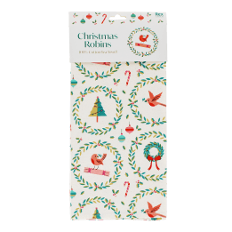 Cotton tea towel with a festive holiday design featuring Christmas trees, wreaths in a packaging