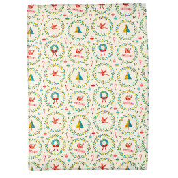 Cotton tea towel with a festive holiday design featuring Christmas trees, wreaths
