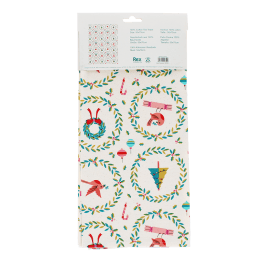 Cotton tea towel with a festive holiday design featuring Christmas trees, wreaths in a packaging