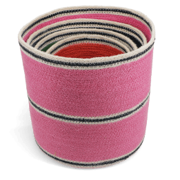 Stacked woven storage baskets in varying sizes and colours 