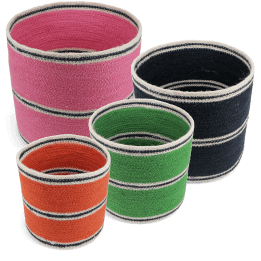 Four woven storage baskets in varying sizes and colours