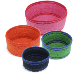 Four woven storage baskets in varying sizes and colours