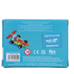 Back of mini racing car construction set packaging showing safety warning in multilingual