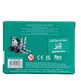 Back of mini forklift truck construction set packaging showing safety warning in multilingual
