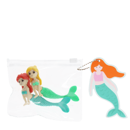 Mermaid-shaped erasers in a clear pouch with a tag
