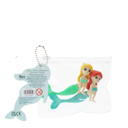 Mermaid-shaped erasers in a clear pouch with a tag showing safety warning in multilangual