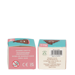 Brown swirl poo-shaped eraser packaging with multilingual labels and safety warnings