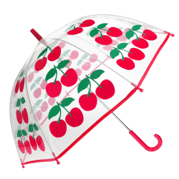 Transparent umbrella with red trim and cherry pattern