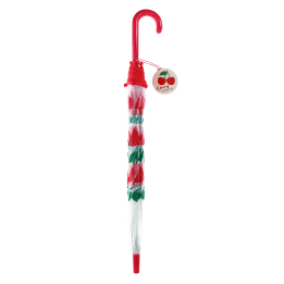 Closed transparent umbrella with red handle, cherry pattern and a tag