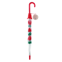 Closed transparent umbrella with red handle, cherry pattern and a tag