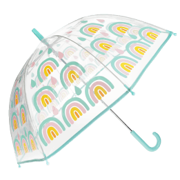 Transparent umbrella with light blue trim and rainbow pattern