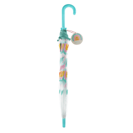 Closed transparent umbrella with light blue handle, rainbow pattern and a tag