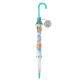 Closed transparent umbrella with light blue handle, rainbow pattern and a tag