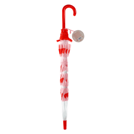 Closed transparent umbrella with red handle, pink daisy pattern and a tag