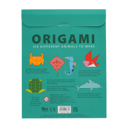 Back of make your own origami kit packaging with safety warning and multilingual descriptions