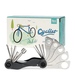 Cyclist multi-tool set with various attachments and a box 