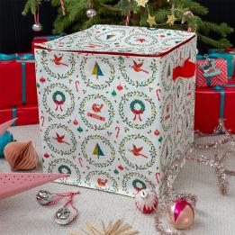 robin christmas decoration bag beside baubles and hanging decorations