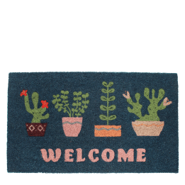 Colourful doormat featuring different pot of plant and welcome letter print 