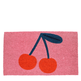 doormat featuring red cherry print in a pink background