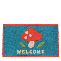 Colourful doormat featuring red mushroom and a welcome letter print 