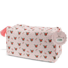 Rectangular makeup bag in pale pink with a floral pattern of small red and green flowers with tag