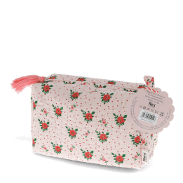 Rectangular makeup bag in pale pink with a floral pattern of small red and green flowers with tag