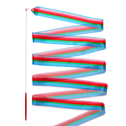 gymnastics ribbon with multicoloured stripes and red-handled stick