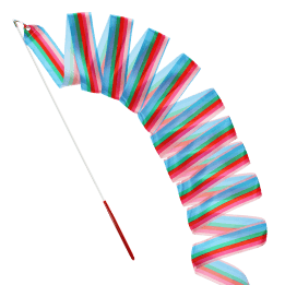 gymnastics ribbon with multicoloured stripes and red-handled stick