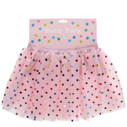 Pink skirt with colourful polka dots in packaging labelled 'Party Tutu'.