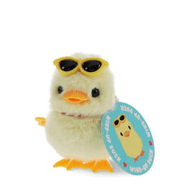 A fluffy yellow wind-up duck toy wearing yellow sunglasses with a tag 