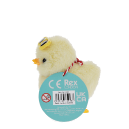 A fluffy yellow wind-up duck toy wearing yellow sunglasses with a tag 