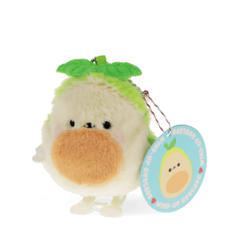 Plush avocado-shaped wind-up toy with green leaves and a tag
