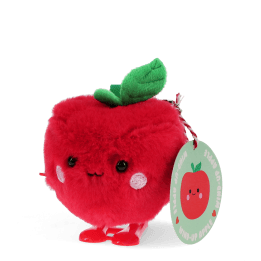 Red apple-shaped plush wind-up toy with a smiling face and a tag