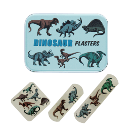 Dinosaur-printed plasters placed beside a matching storage tin featuring dinosaur illustrations