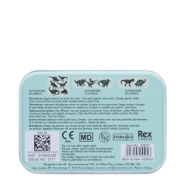 Back of dinosaur plaster tin with usage instructions and product details
