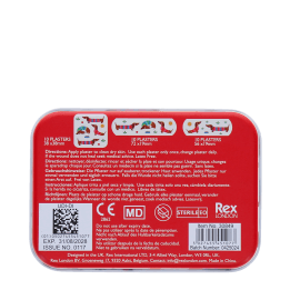 Back of sausage dog plaster tin with usage instructions and product details