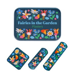 Fairy in the garden plasters beside a matching tin with fairy, butterfly, and flower illustrations