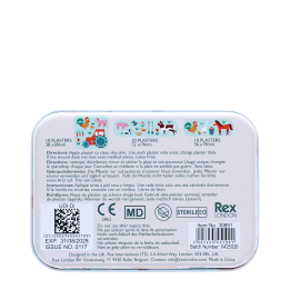 Back of Farmyard plaster tin with usage instructions and product details