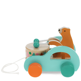 Wooden pull-along toy featuring a bear playing a drum, with colorful wheels