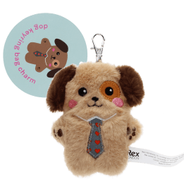 dog-shaped plush keyring wearing a tie with brown ears and a tag