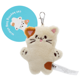 Cat-shaped plush keyring with a metal clasp and a tag