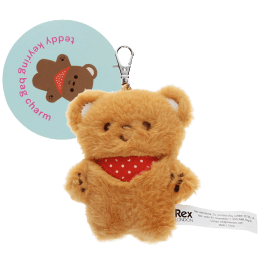 Light brown plush teddy bear keychain with a red polka-dotted bandana, metal clasp for attachment, and a tag 