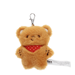 Light brown plush teddy bear keychain with a red polka-dotted bandana, metal clasp for attachment