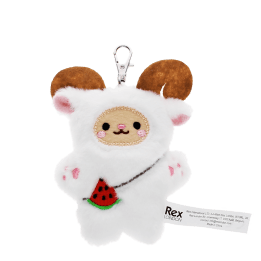 Yeti-shaped plush keyring with pink ears and paws, a watermelon accessory with metal clasp
