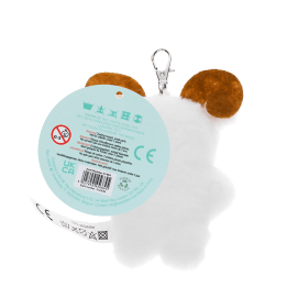 back of Yeti-shaped plush keyring and a tag showing safety warnings